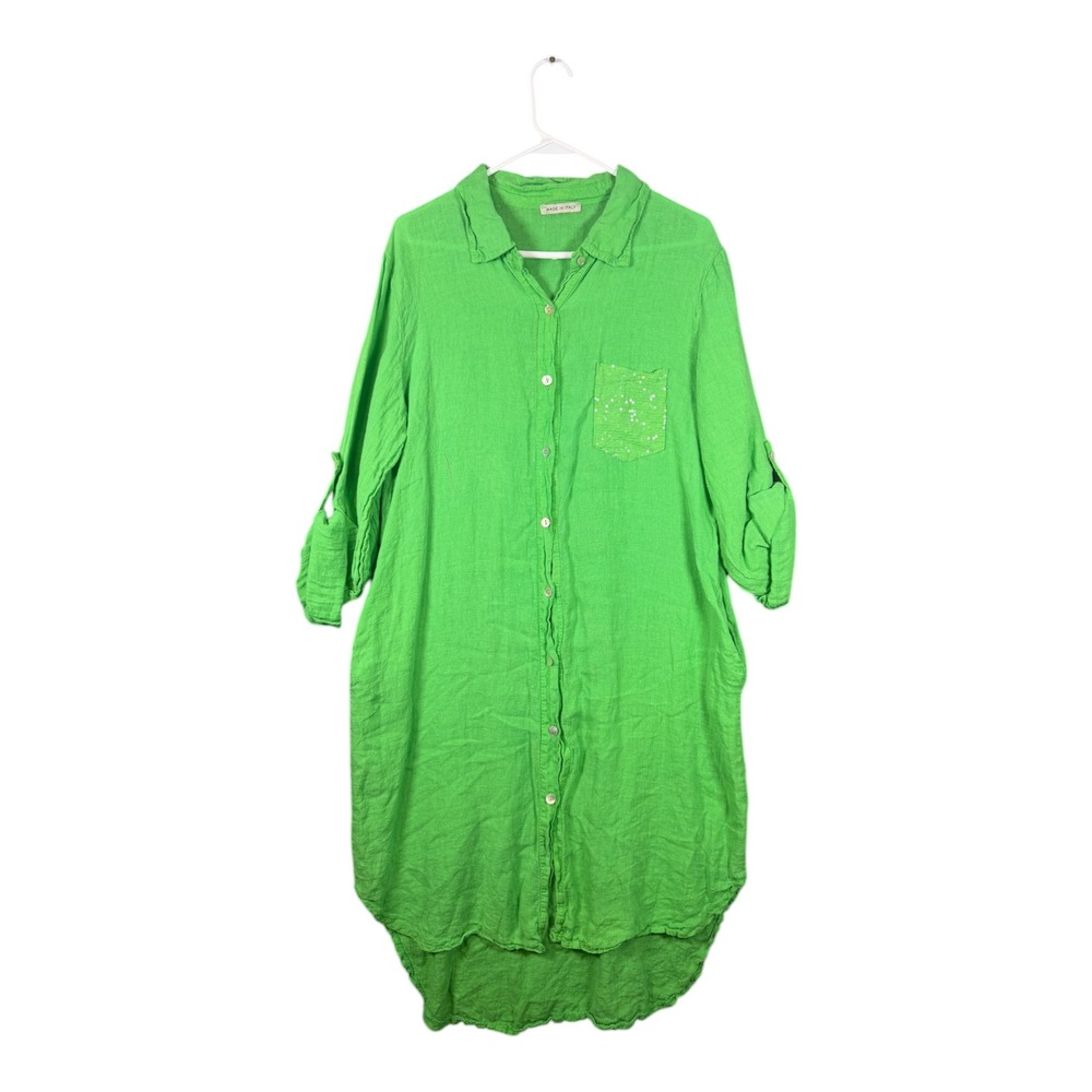 Made in Italy Green Linen Shirt Dress Sequin Pocket Roll Tab Sleeve Tunic